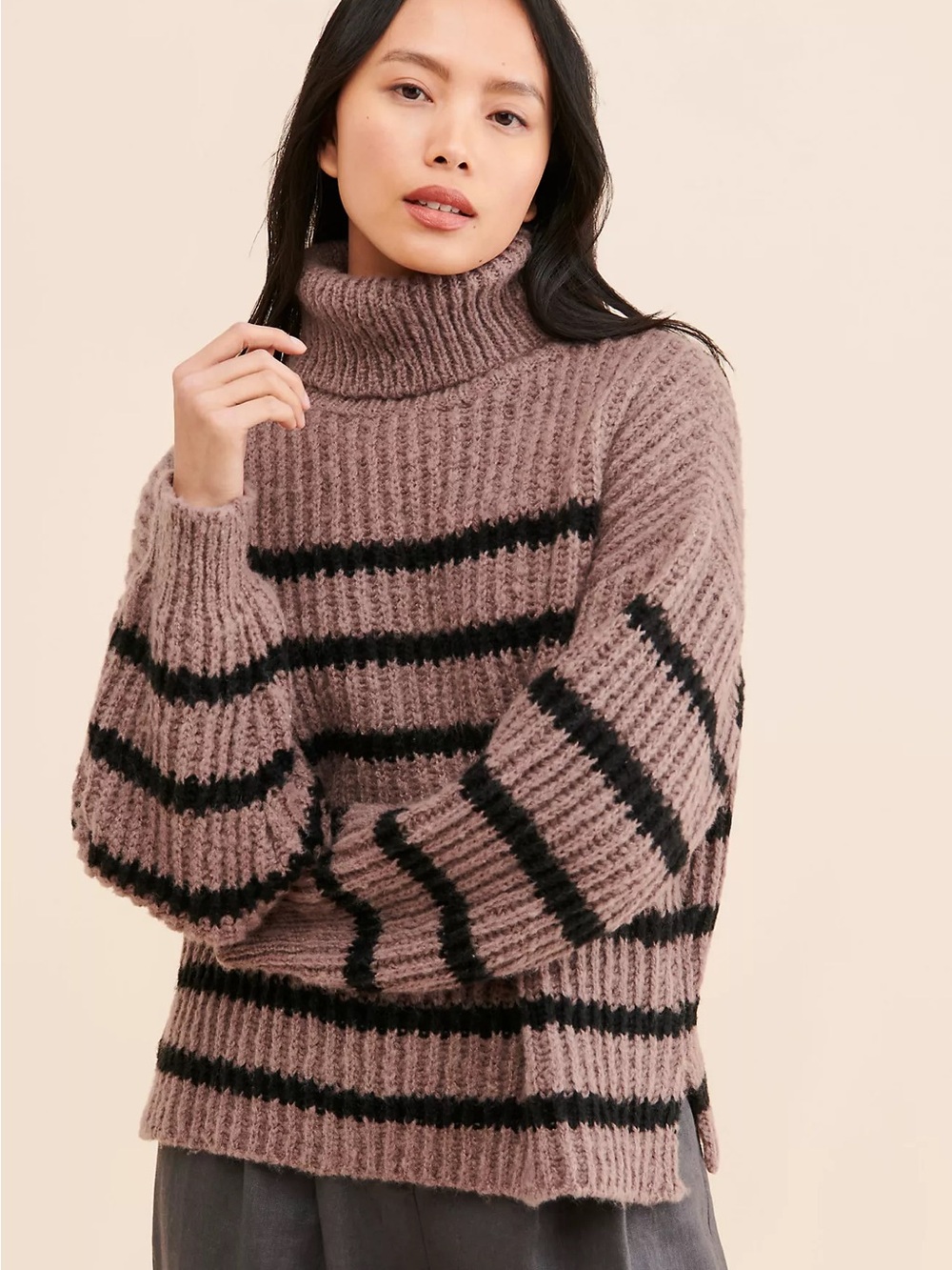 Line & Dot Cozy Striped Turtleneck Sweater - Cafe/Black